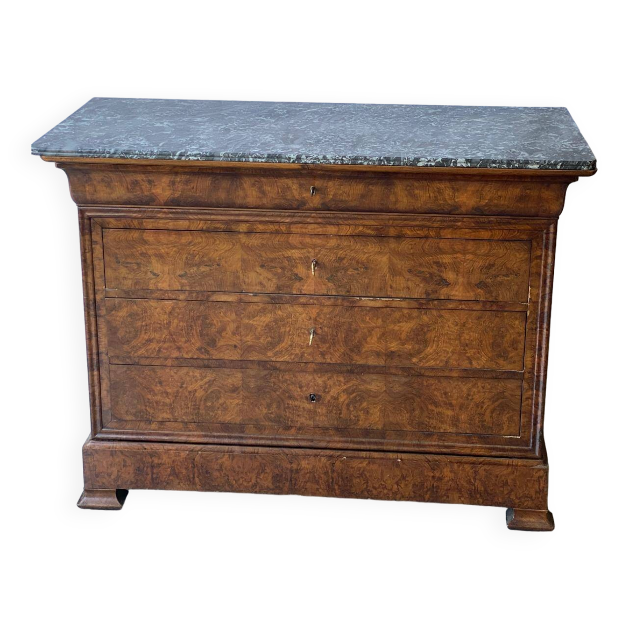 Vintage Louis Philippe chest of drawers in burr walnut and gray marble