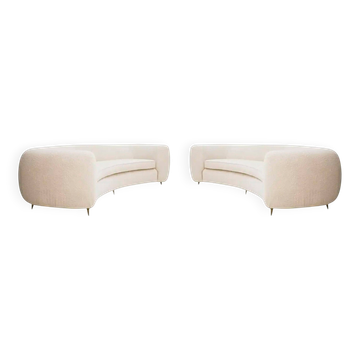 Curved Four-Seat Italian Sofas with Brass Legs and Ivory Bouclé, Set of Two