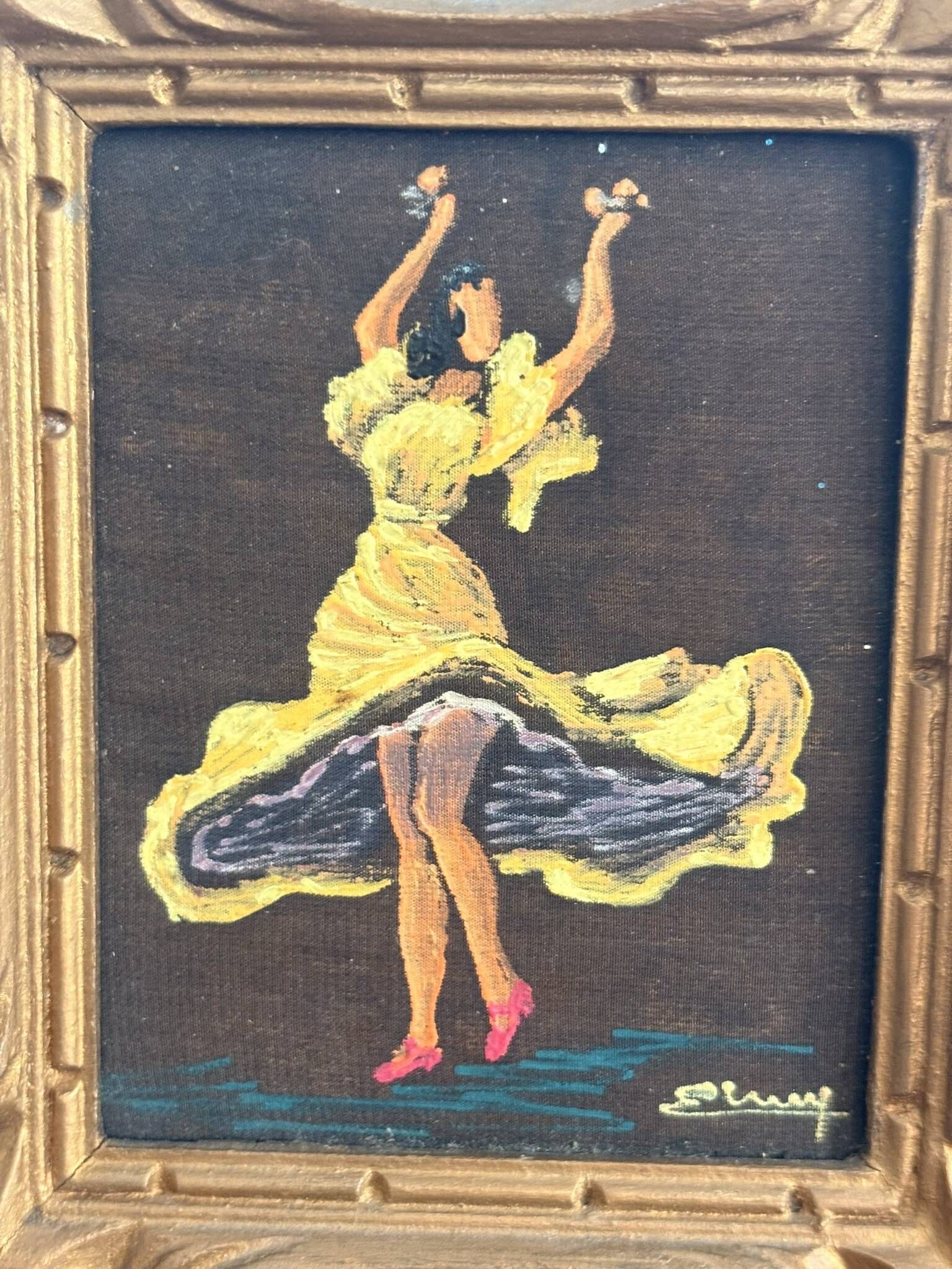 Miniature Flamenco Dancer Tableau Yellow Costume Signed Sluys 1950