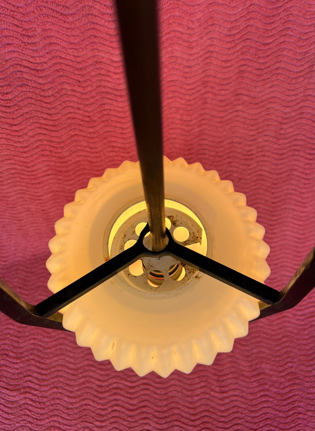 LAMP/IRON SUSPENSION FORGED OPAQUE WHITE GLASS CYLINDRICAL TUBE