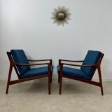 Set of 2 Scandinavian design teak armchairs from the 60s, new blue fabric