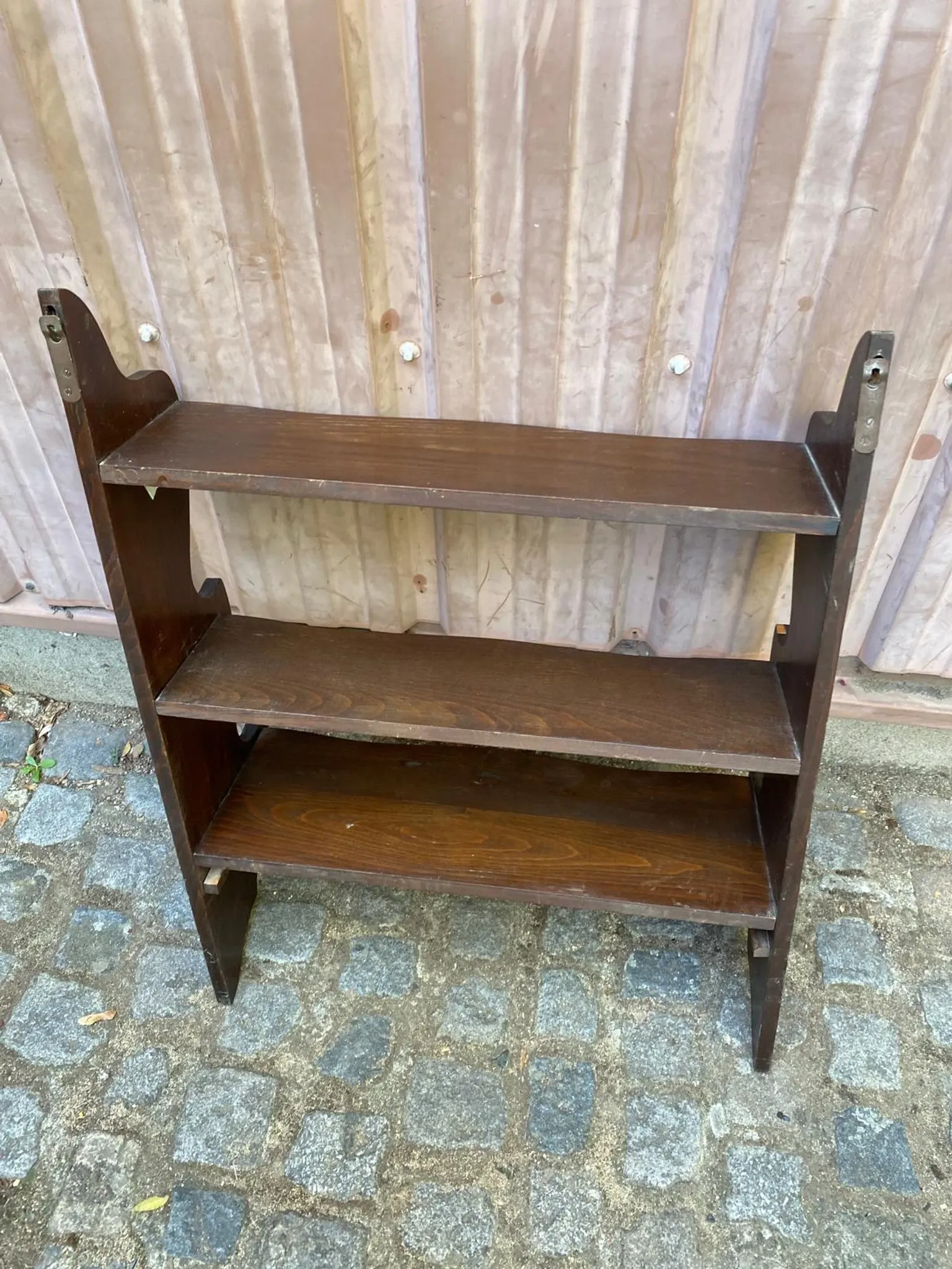 Vintage wall shelf with ornate cutouts in dark wood, 68x88cm, 3 levels, 1950.