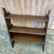 Vintage wall shelf with ornate cutouts in dark wood, 68x88cm, 3 levels, 1950.