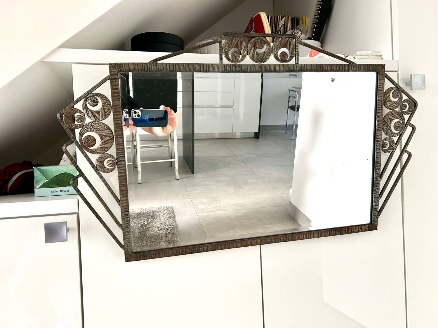 Art Deco mirror 1930 hammered iron and beveled mirror