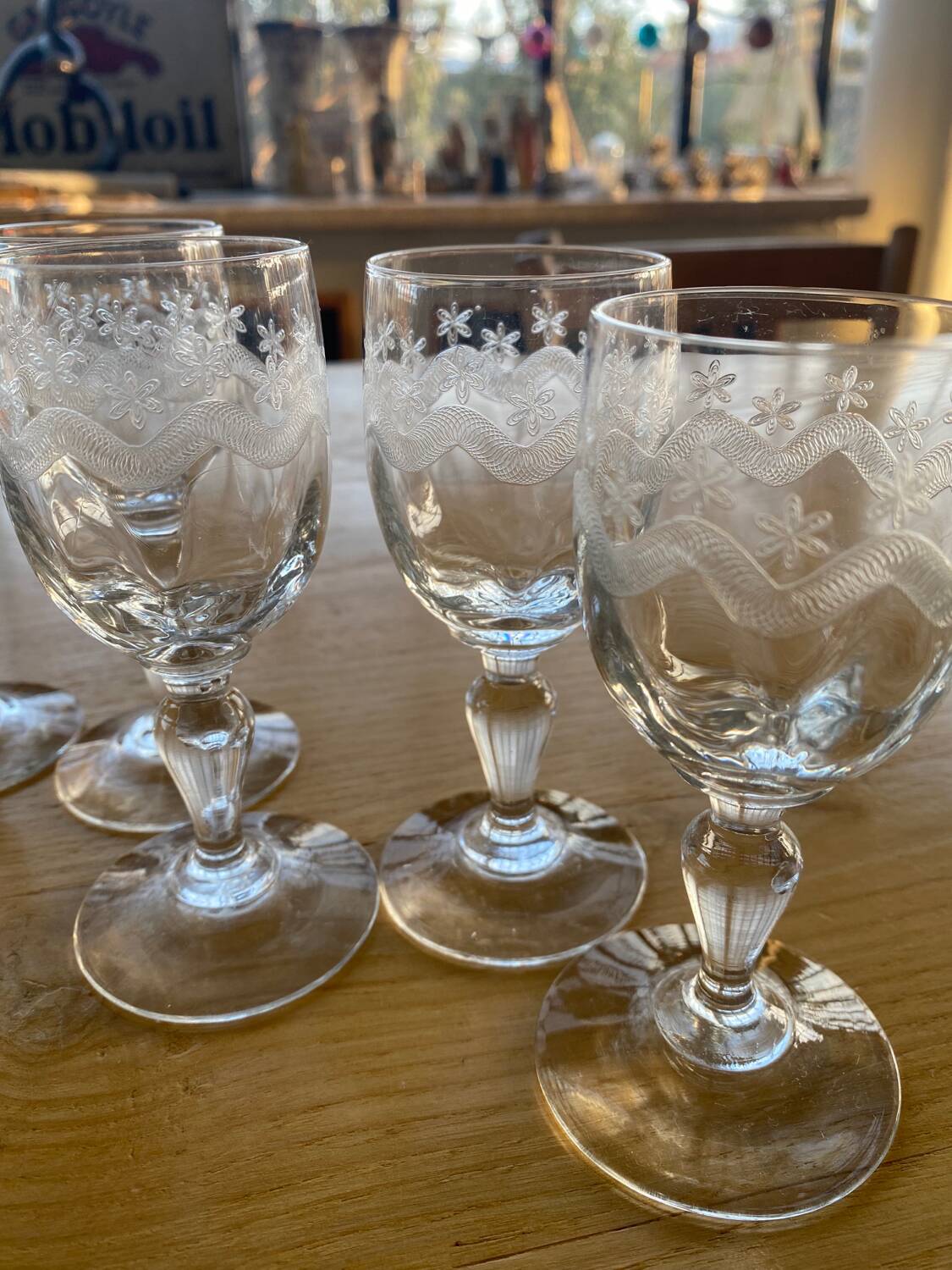 5 engraved port stemmed glasses