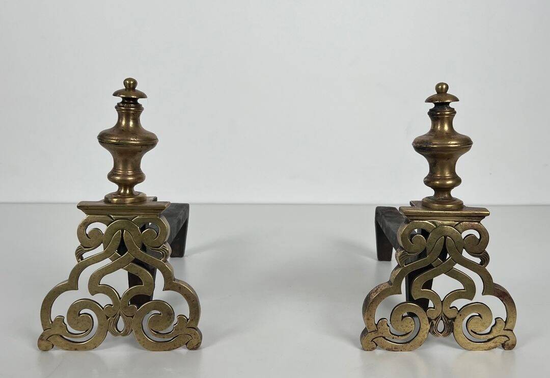 Pair of Chiselled Bronze and Wrought Iron Chenets in Louis XV Style