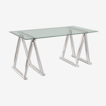 Mid-century chromed steel trestles & glass top dining table, Italy, 1970s