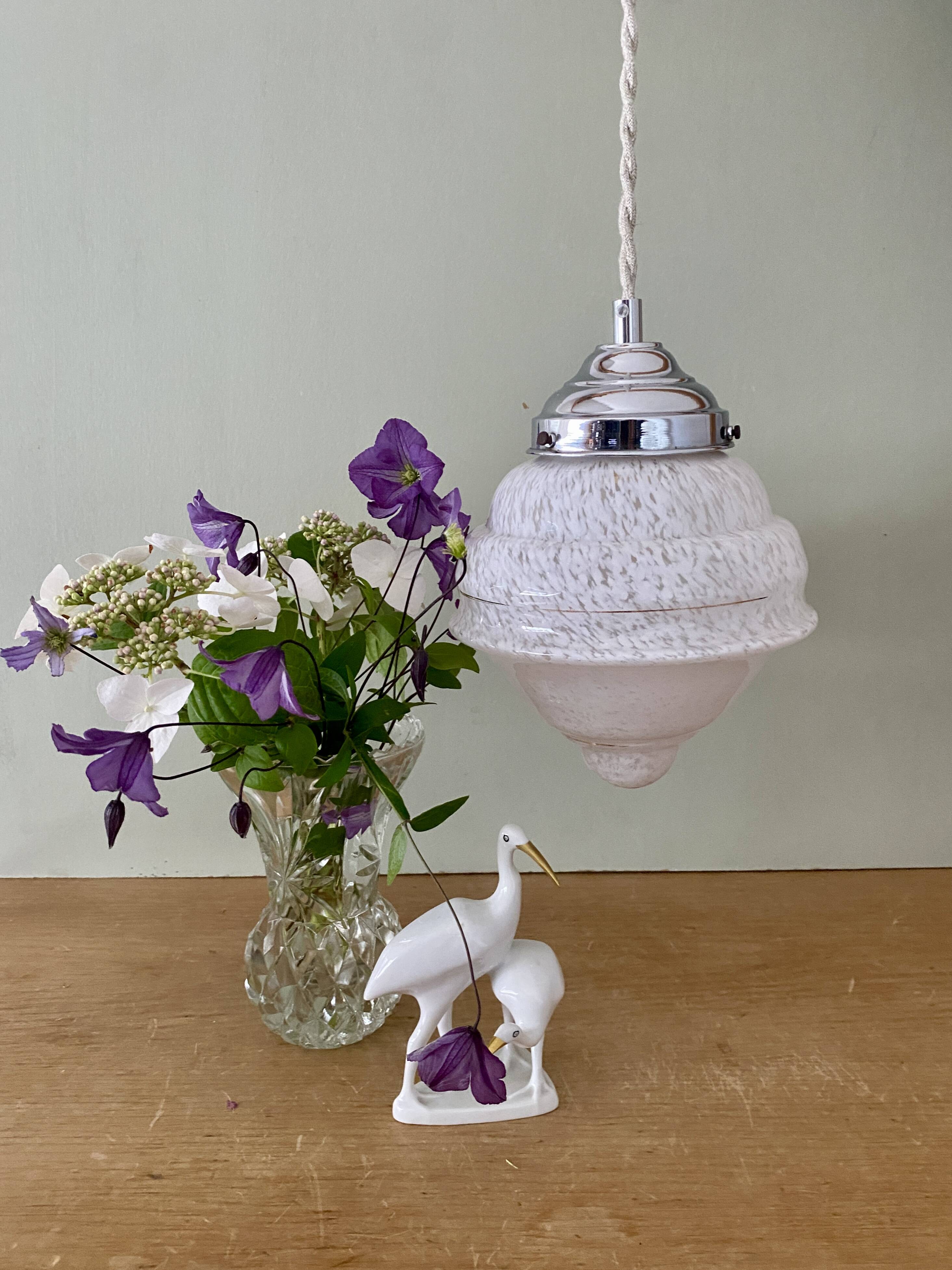 Vintage art deco globe pendant light in white Clichy glass