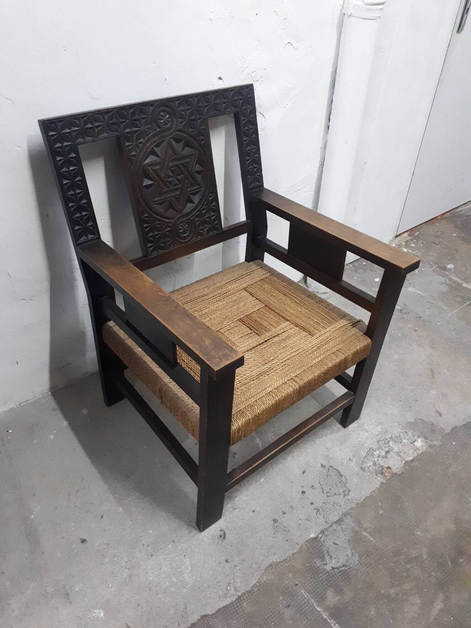 Pair of carved solid wood armchair and vintage rope 1950