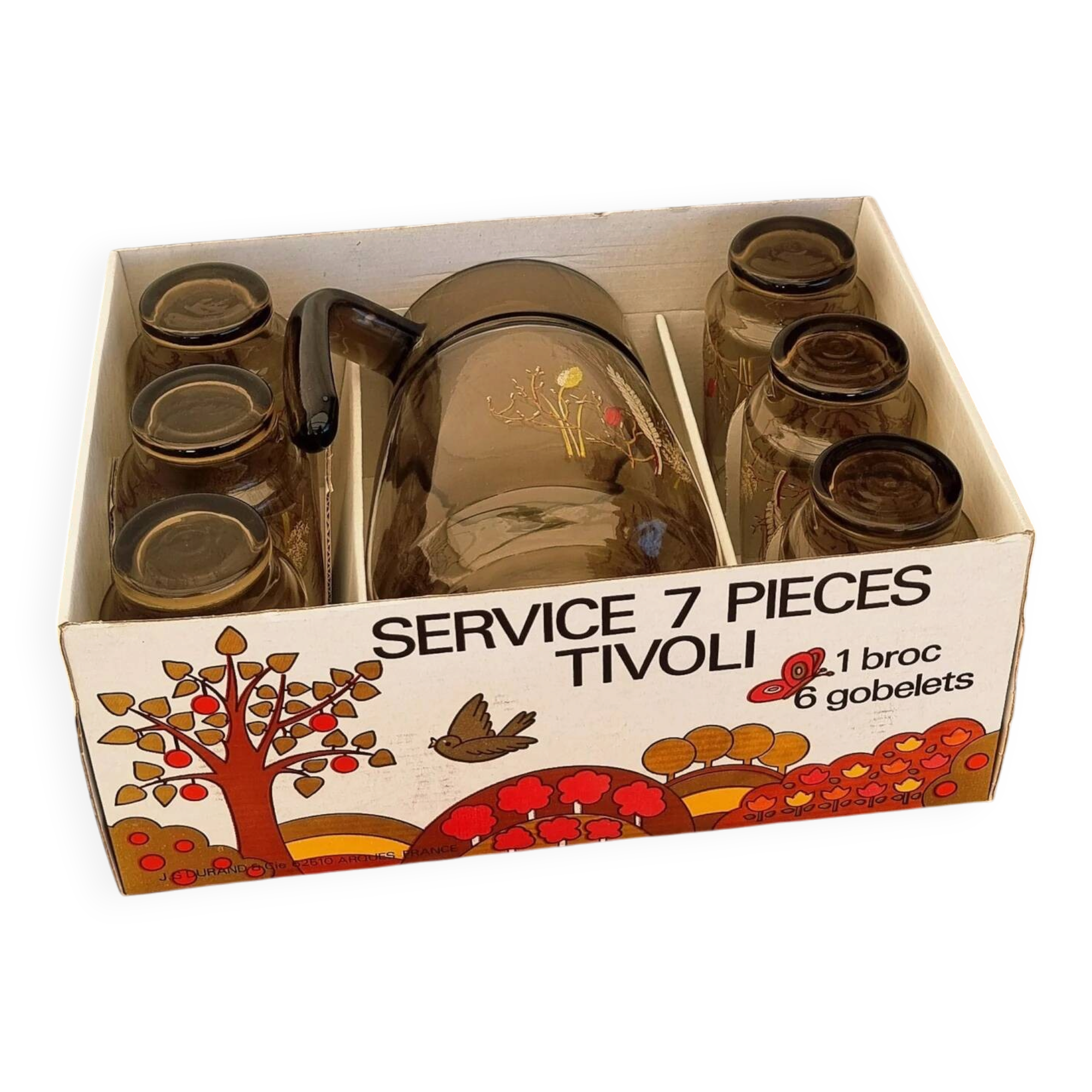 Vintage orangeade service J.G. Durand Tivoli in smoked glass, 7 pieces.