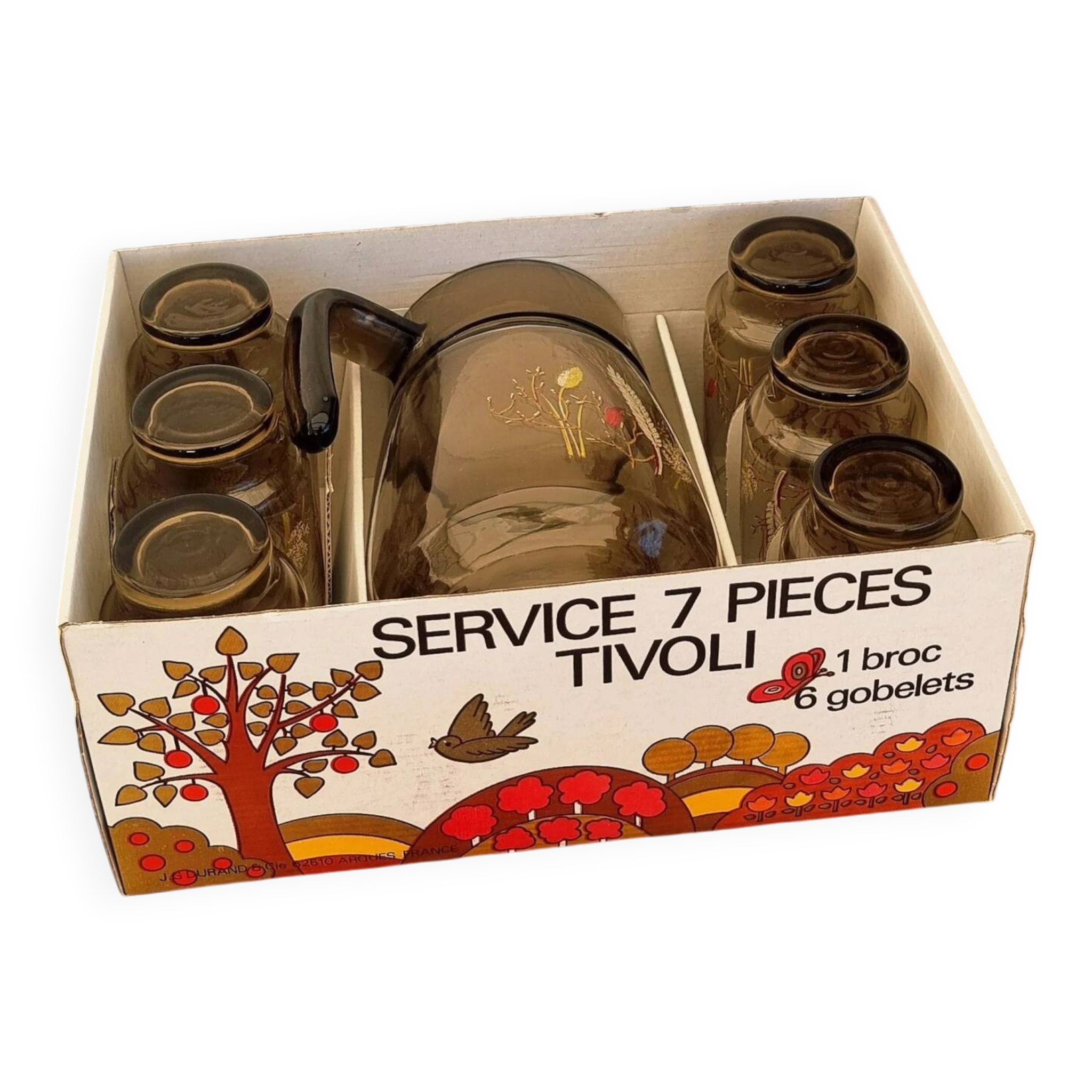 Vintage orangeade service J.G. Durand Tivoli in smoked glass, 7 pieces.