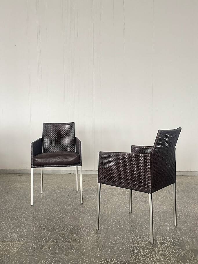 Pair of Karl-Friedrich Förster Leather and Rattan Chairs Germany 1990s