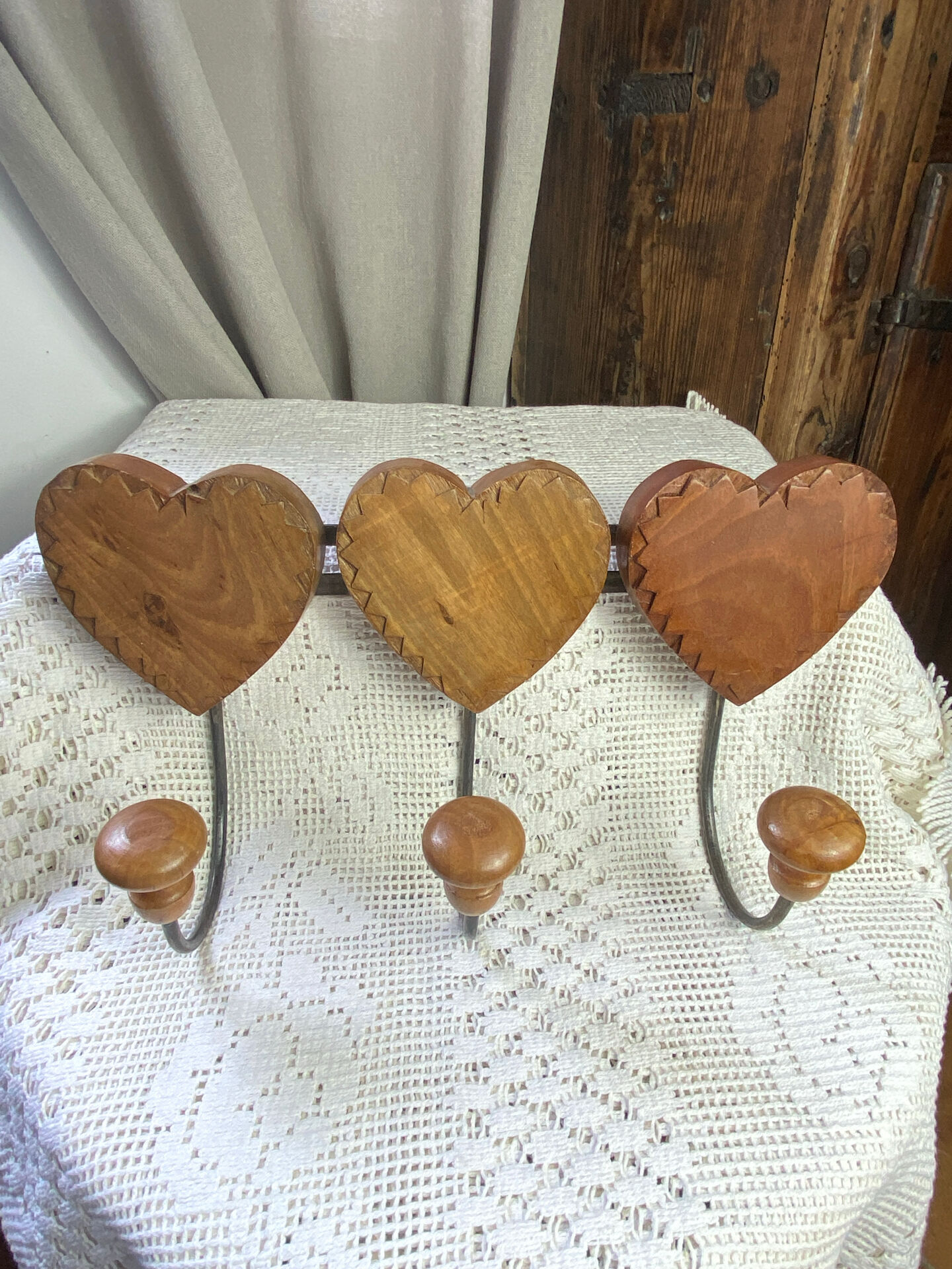 Wall-mounted coat rack, wooden hearts