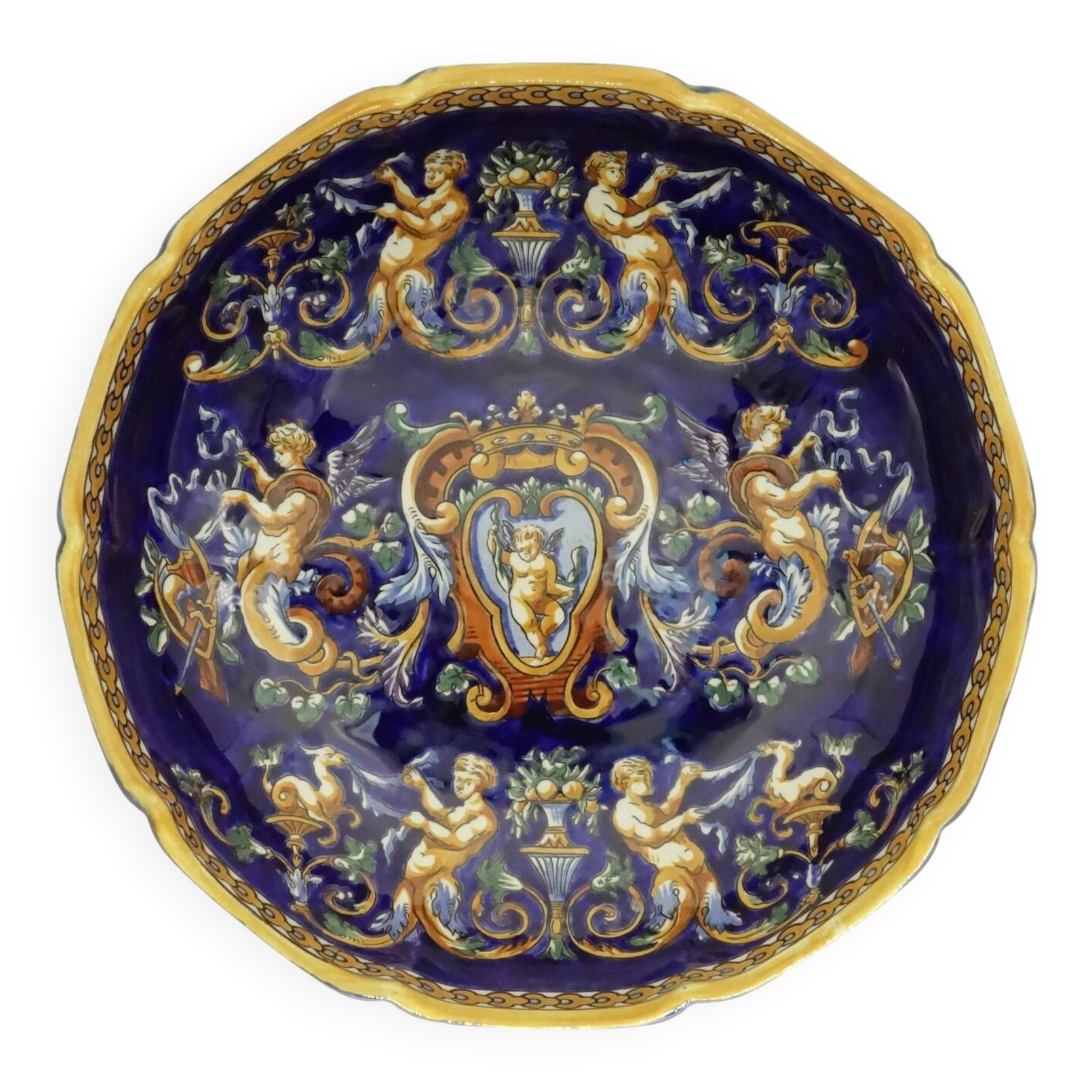 Melonniere faience Gien Renaissance decor blue background
