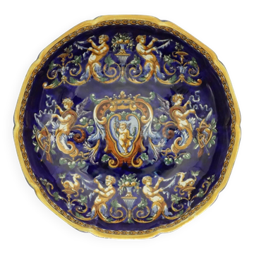 Melonnière faience Gien décor Renaissance fond bleu