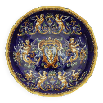 Gien earthenware melonnière Renaissance decor blue background