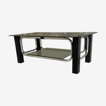 Table basse space-age à 2 plateaux en verre chrome et bois - design 1970
