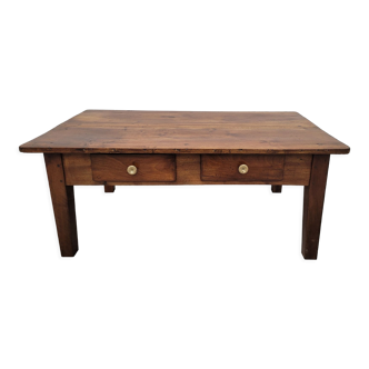 Solid walnut farmhouse coffee table, two drawers from the 1900s