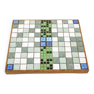 Mosaic tray with stoneware tiles in wooden frame, Bauhaus, 1970s