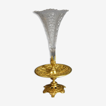 Ancien vase cornet verre diamanté et bronze doré