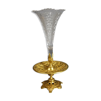 Ancien vase cornet verre diamanté et bronze doré