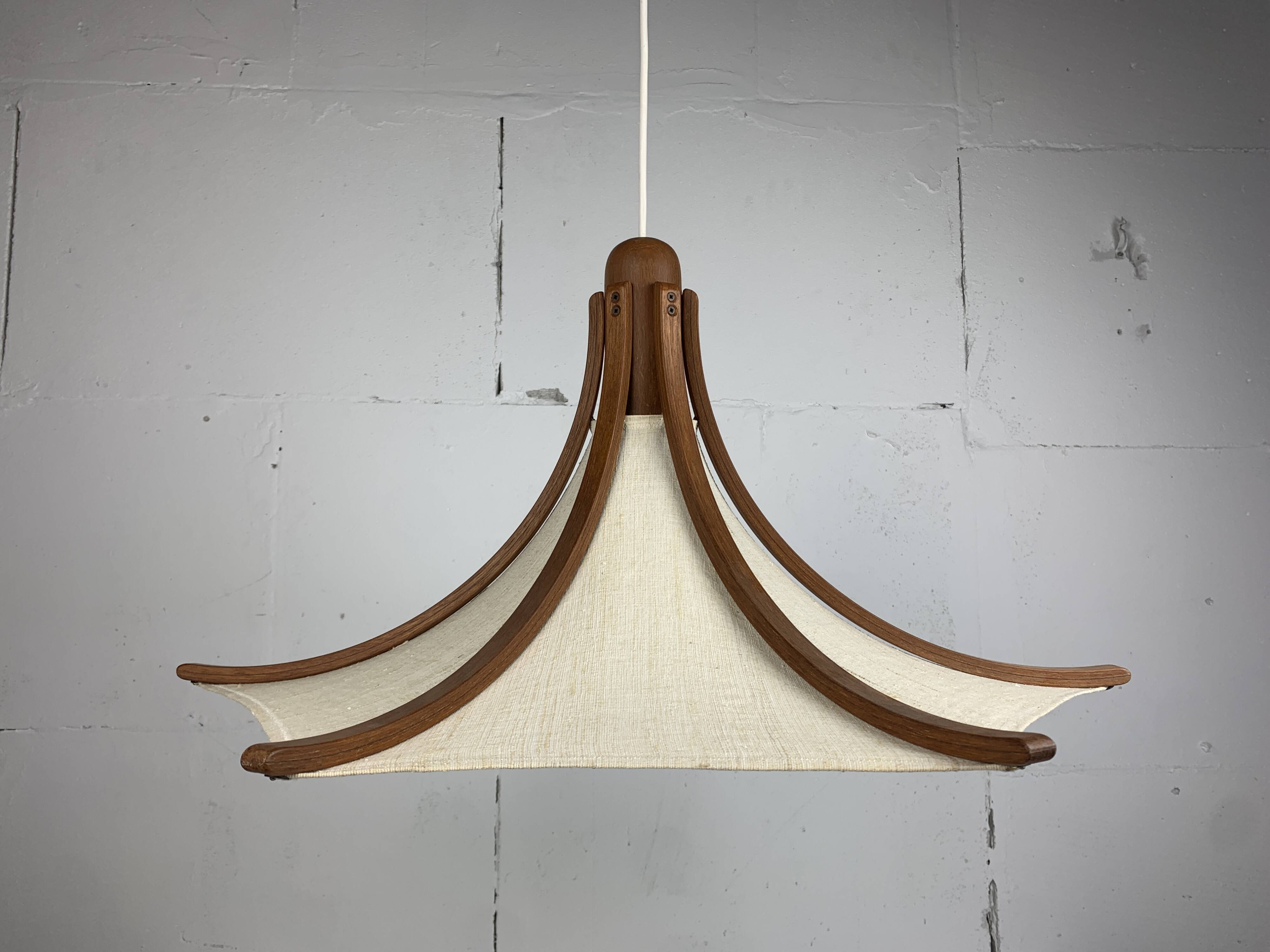 Teak and linen umbrella pendant hanging lamp by Domus, 1970s