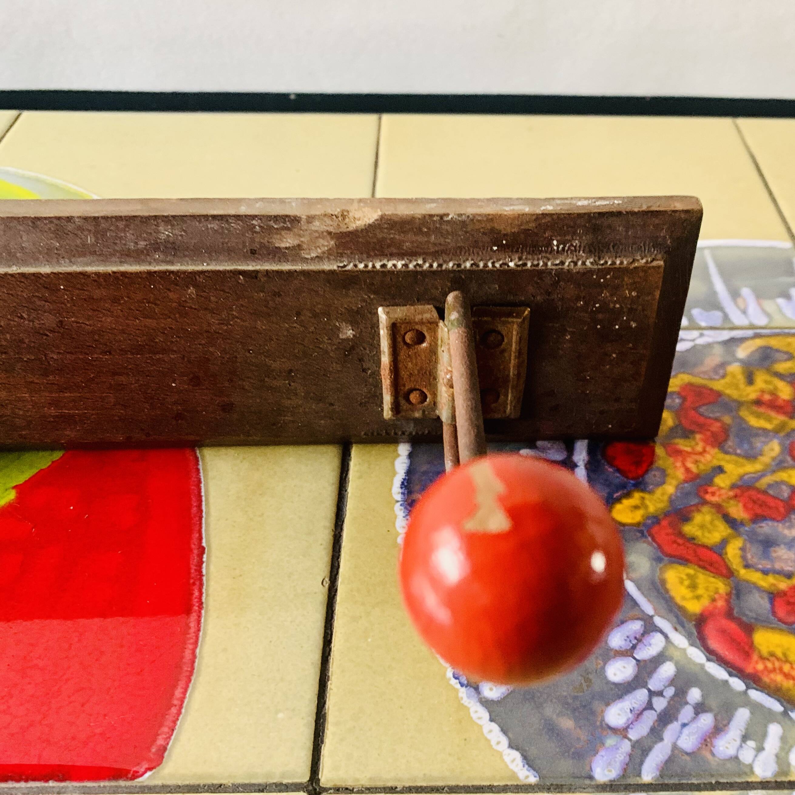 Vintage wooden wall coat rack - triple coat hook with red balls
