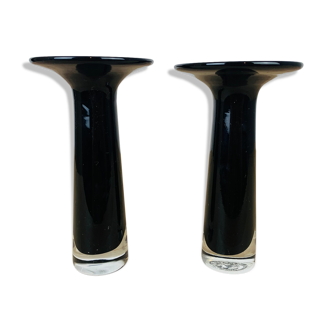 Pair of black blown glass candle holders