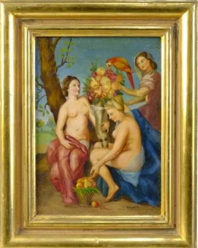 Mid 20th Century Portrait of Three Nudes Oil Painting,