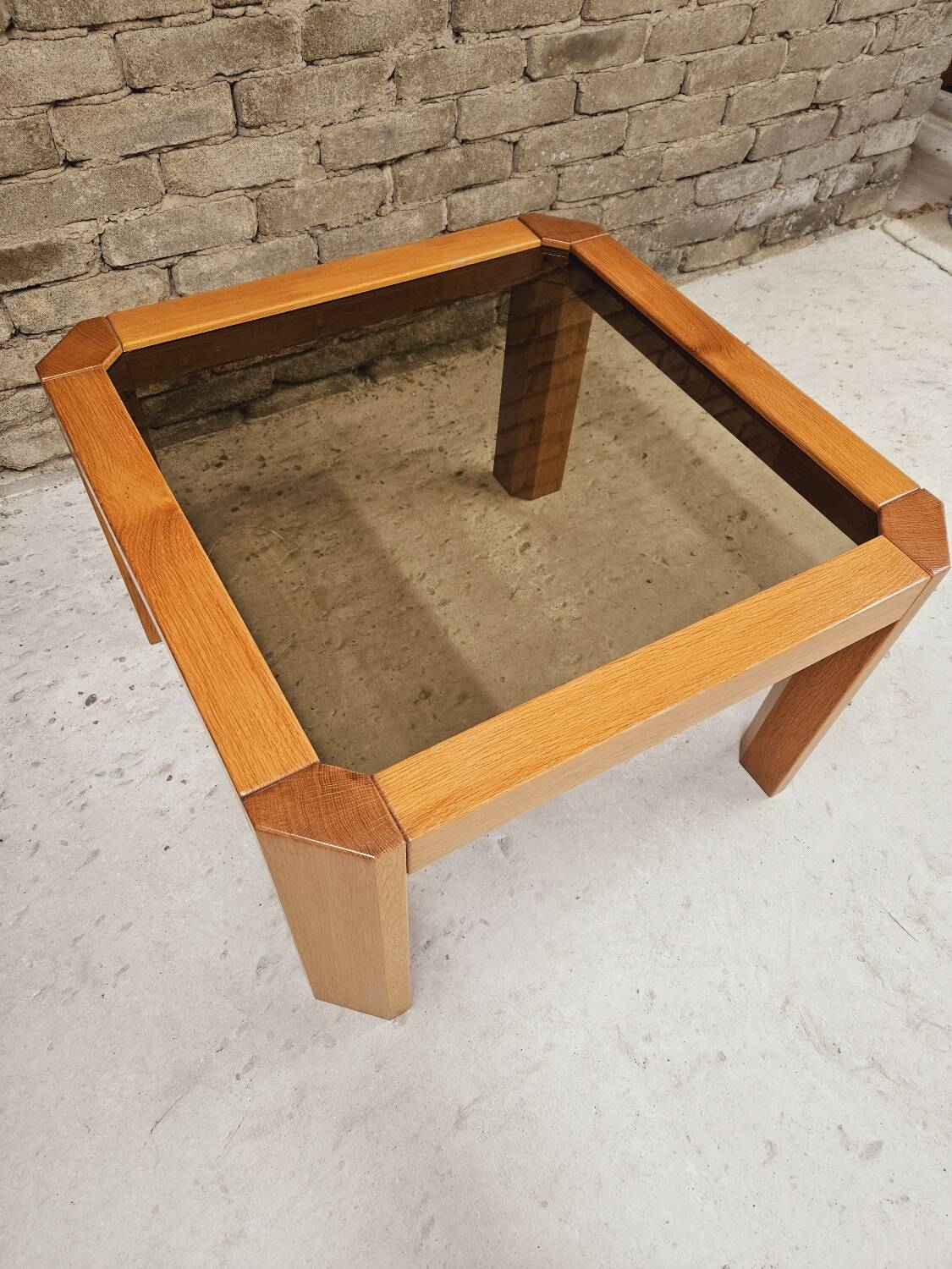 Coffee table in wood and smoked glass 1970 vintage