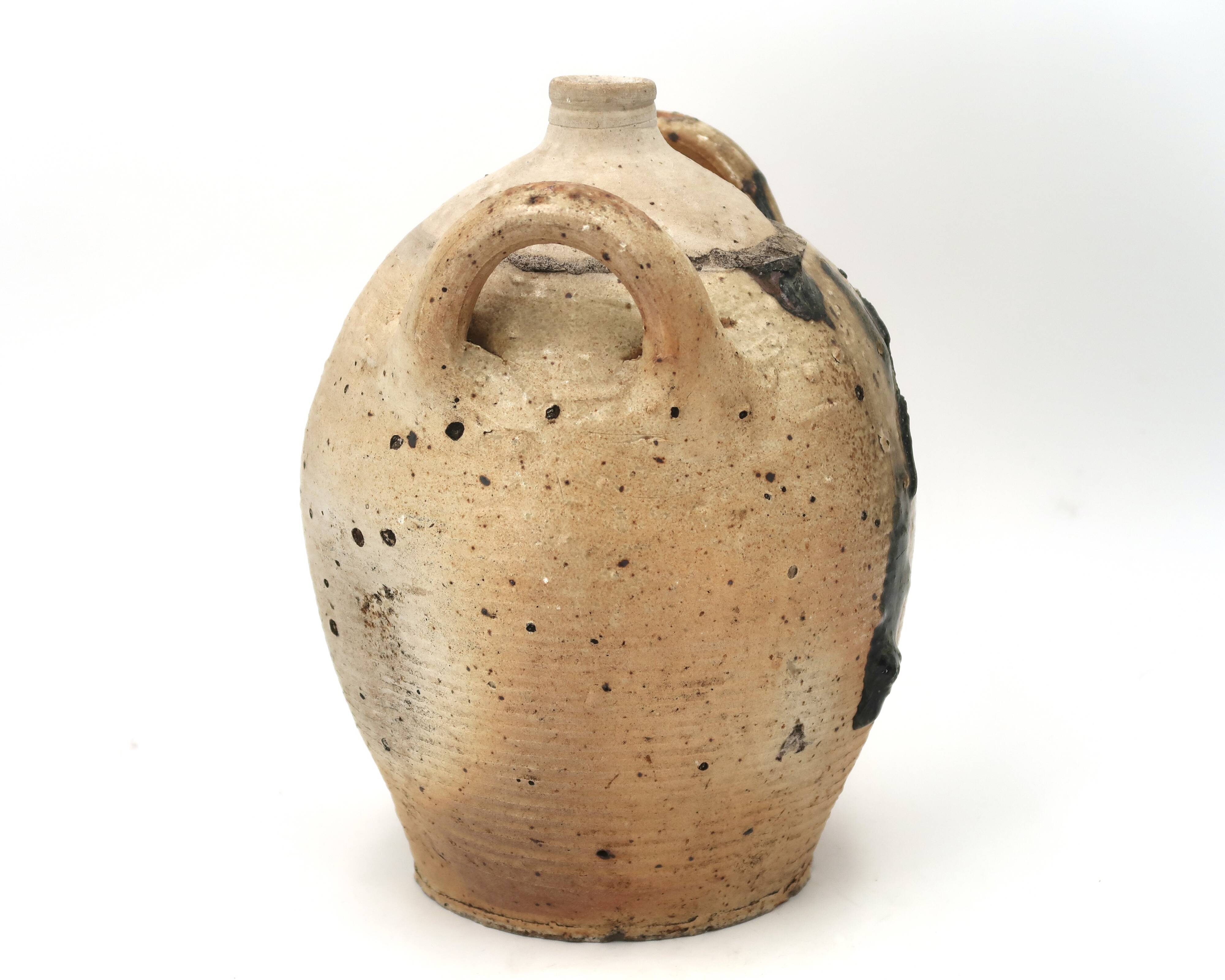 Traditional wabi-sabi stoneware ceramic jar with handles, 1900