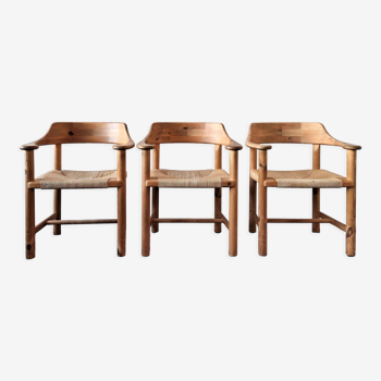 Ensemble de 3 fauteuils en bois de pin avec sièges en papier pour Gramrode Møbelfabrik, Danemark, années 1970