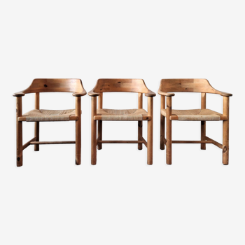 Set of 3 pine wood armchairs with papercord seats for Gramrode Møbelfabrik, Denmark 1970's