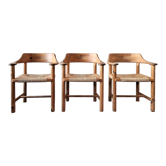 Set of 3 pine wood armchairs with paper seats for Gramrode Møbelfabrik, Denmark, 1970s