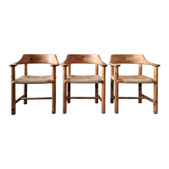 Set of 3 pine wood armchairs with papercord seats for Gramrode Møbelfabrik, Denmark 1970's