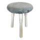 Tabouret de traite tripode bois blanc + assise velour bleu gris vintage #a292