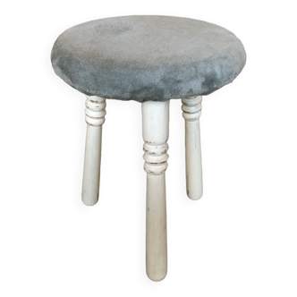 Tabouret de traite tripode bois blanc + assise velour bleu gris vintage #a292