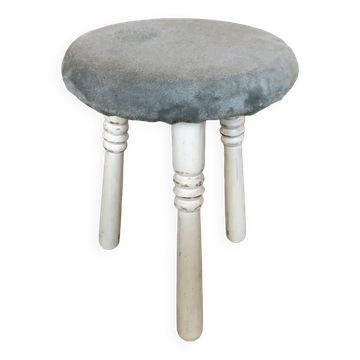 Tabouret de traite tripode bois blanc + assise velour bleu gris vintage #a292