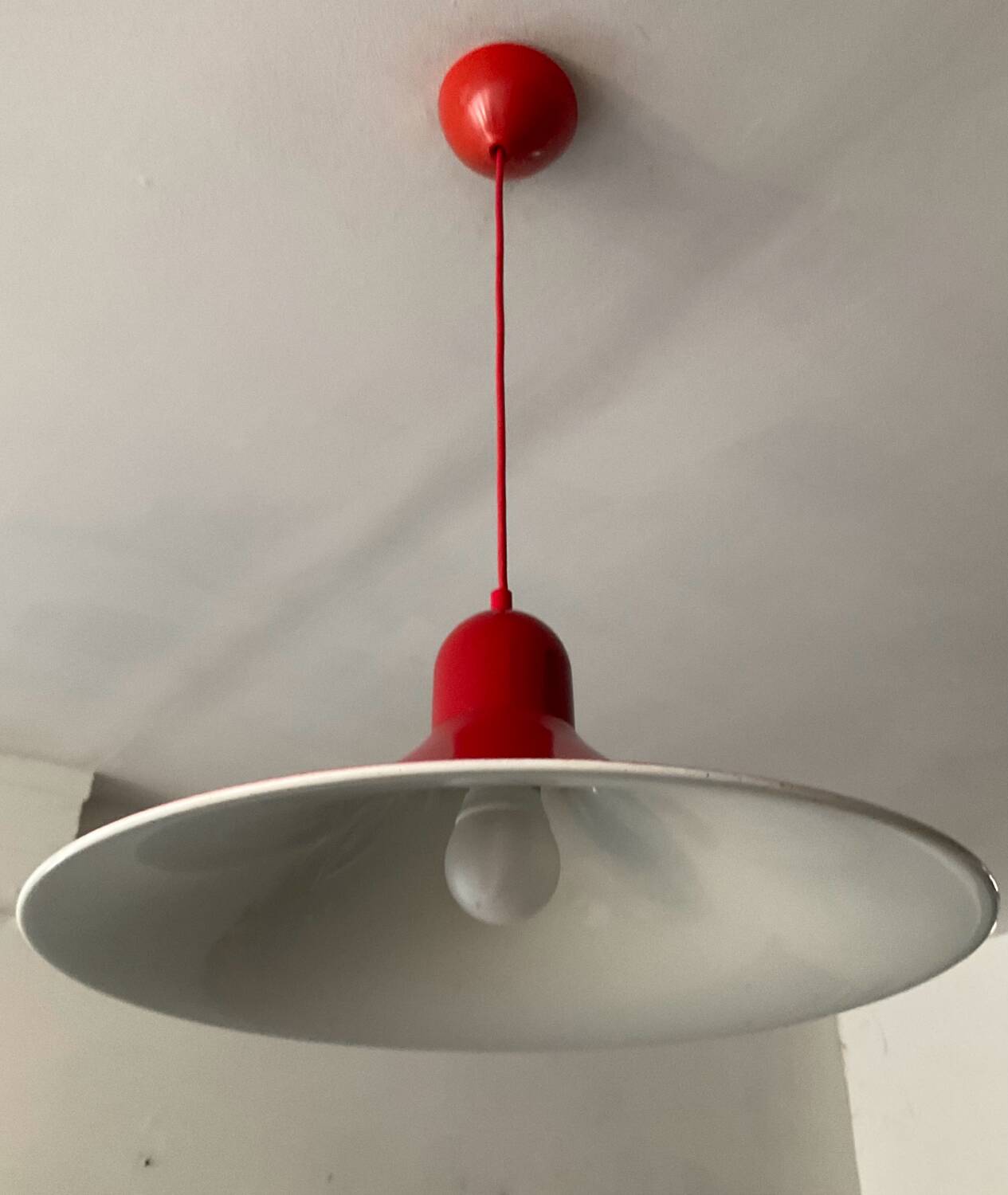 Space Age red metal saucer pendant light from the 70s-80s
