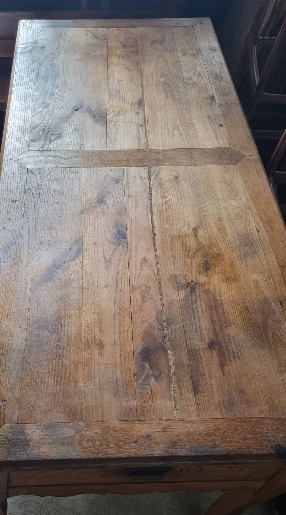 Solid oak farmhouse table, one drawer, vintage, early 20th century.