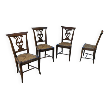 4 x elm dining chair with a carved back frame in a rosette / France / 1890-1900