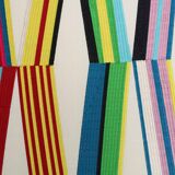 Mid Century Modern Rectangular Footstool with Geometric Multicoloured Fabric