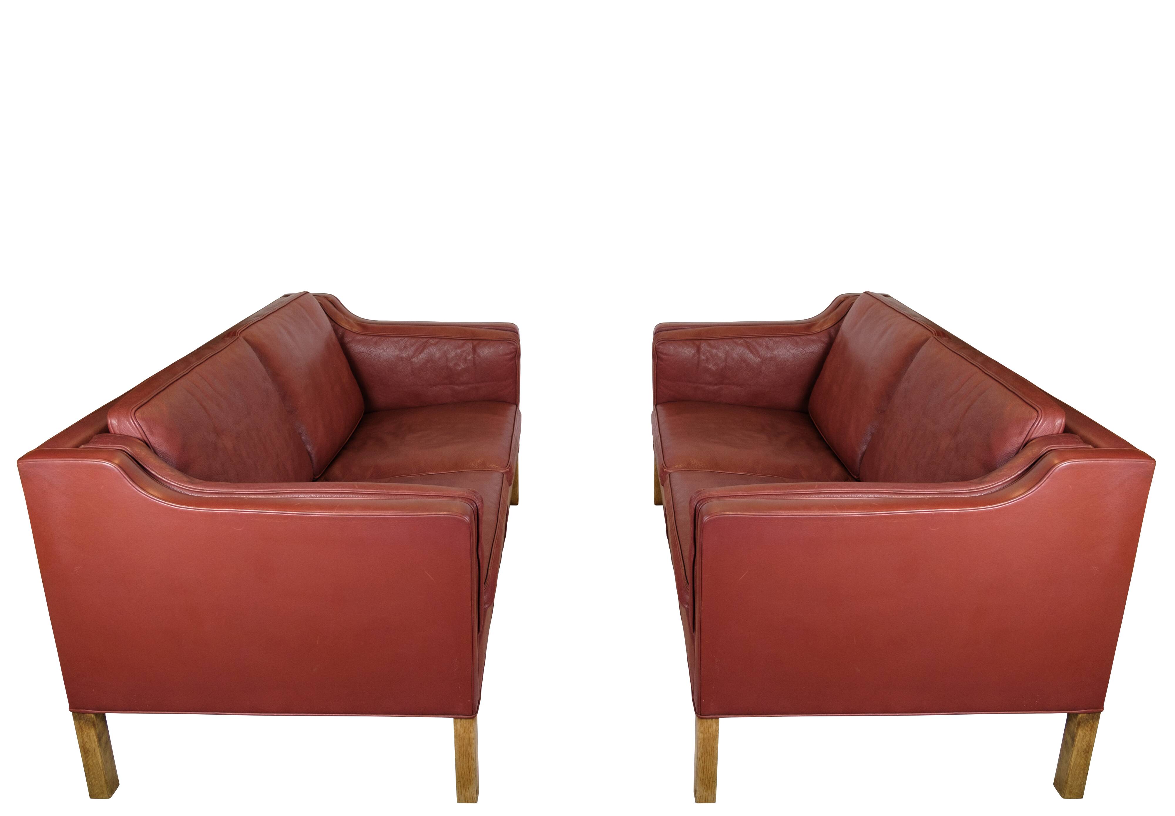 2 . Person Sofa Model 2212 Made In Red Leather & Oak Frame By Børge Mogensen From 1960s