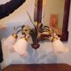 Chandelier of 5 corollas in white granite glass, central decoration with foliage 70s /80s