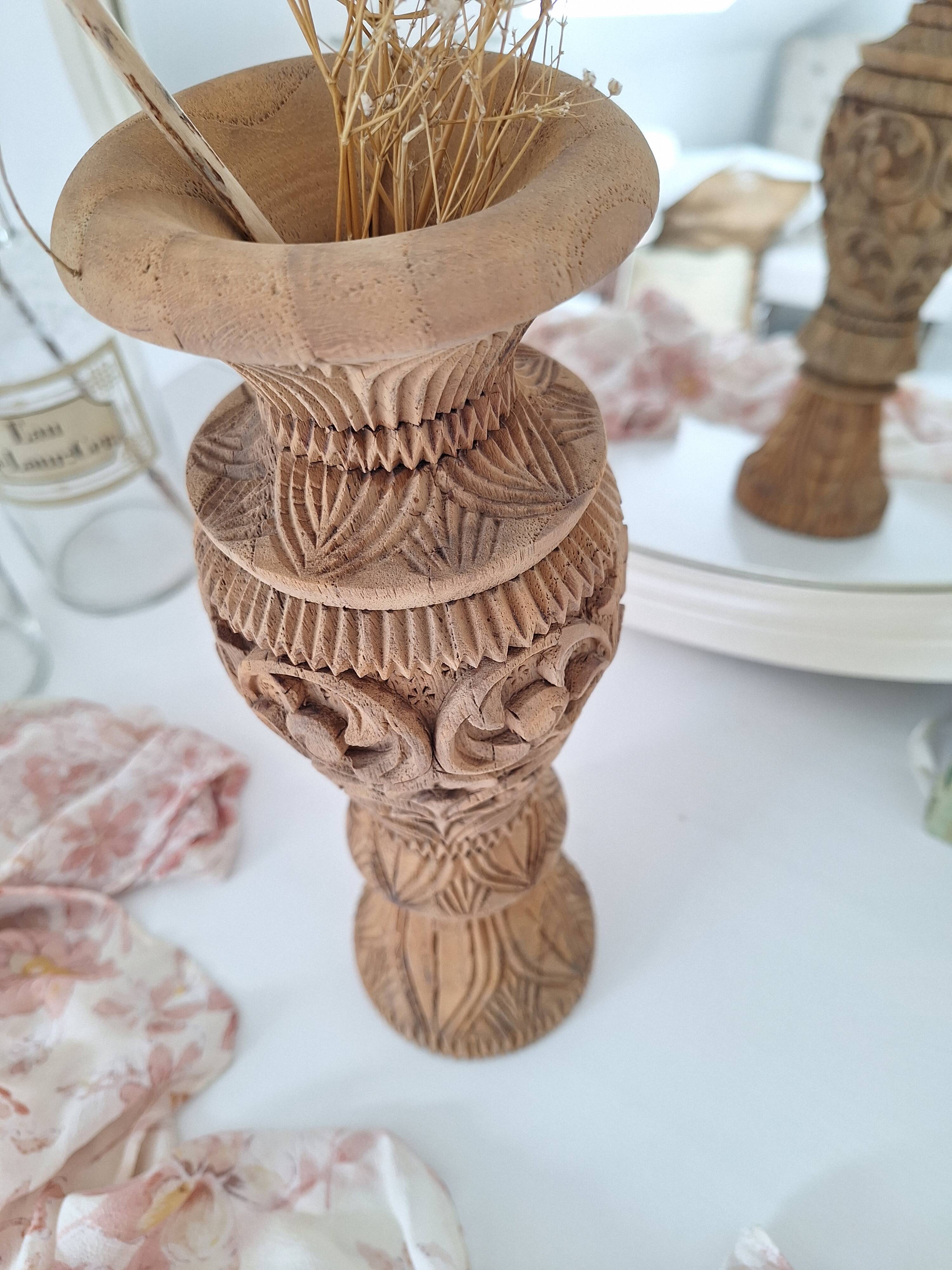 Carved solid wood vase