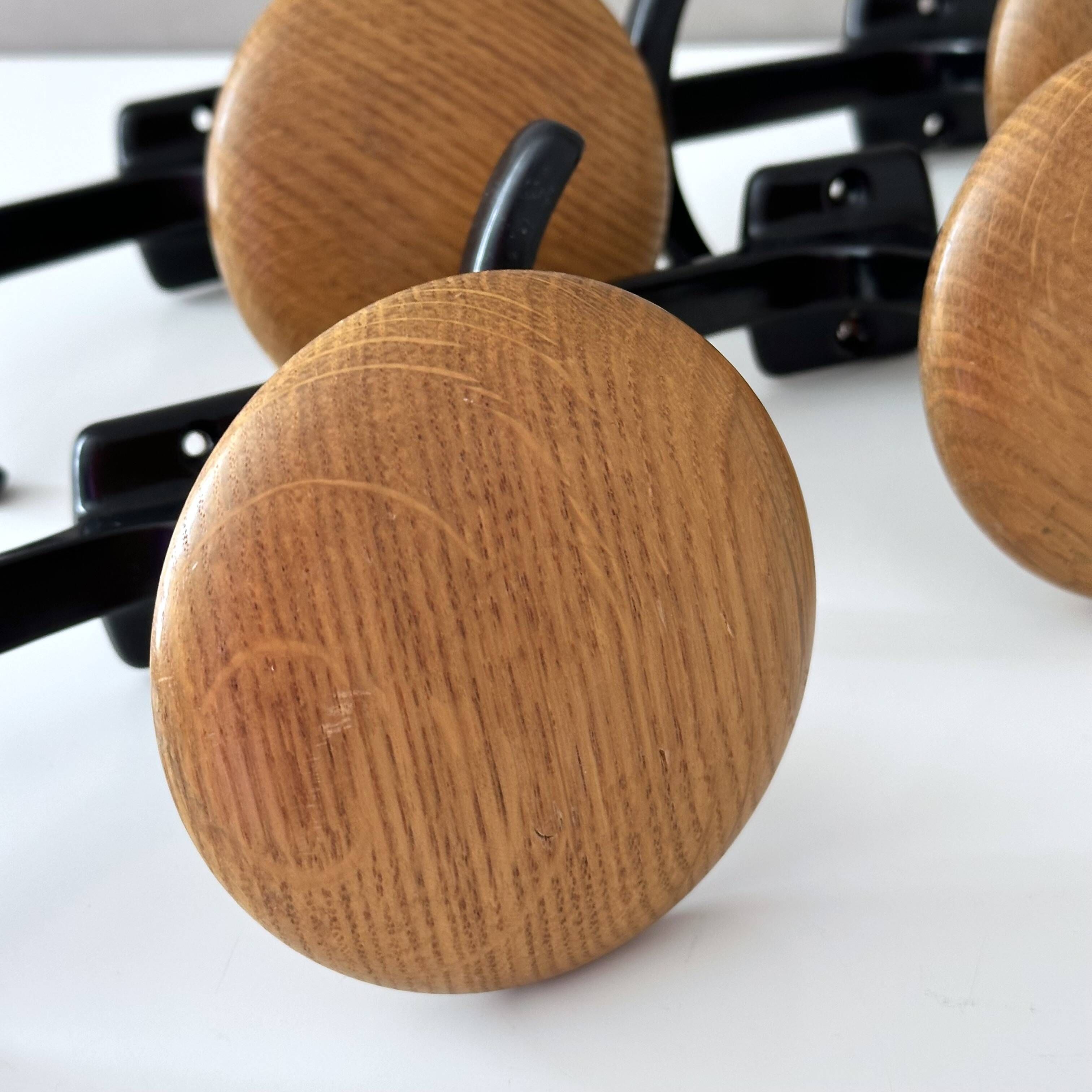 Vintage Set of 4 Wooden & Metal Coat Hooks | Wall-Mounted Hooks
