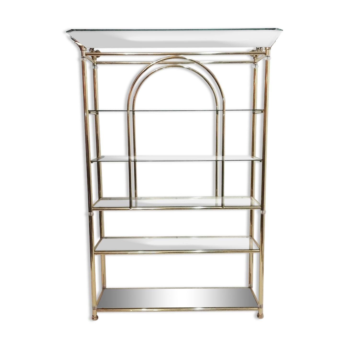 Hollywood Regency brass and glass shelf with elephant heads from the 1970s