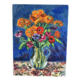 Anemones et soucis, huile sur toile signée Gisèle Renaut