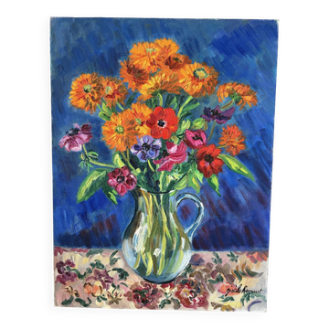Anemones et soucis, huile sur toile signée Gisèle Renaut