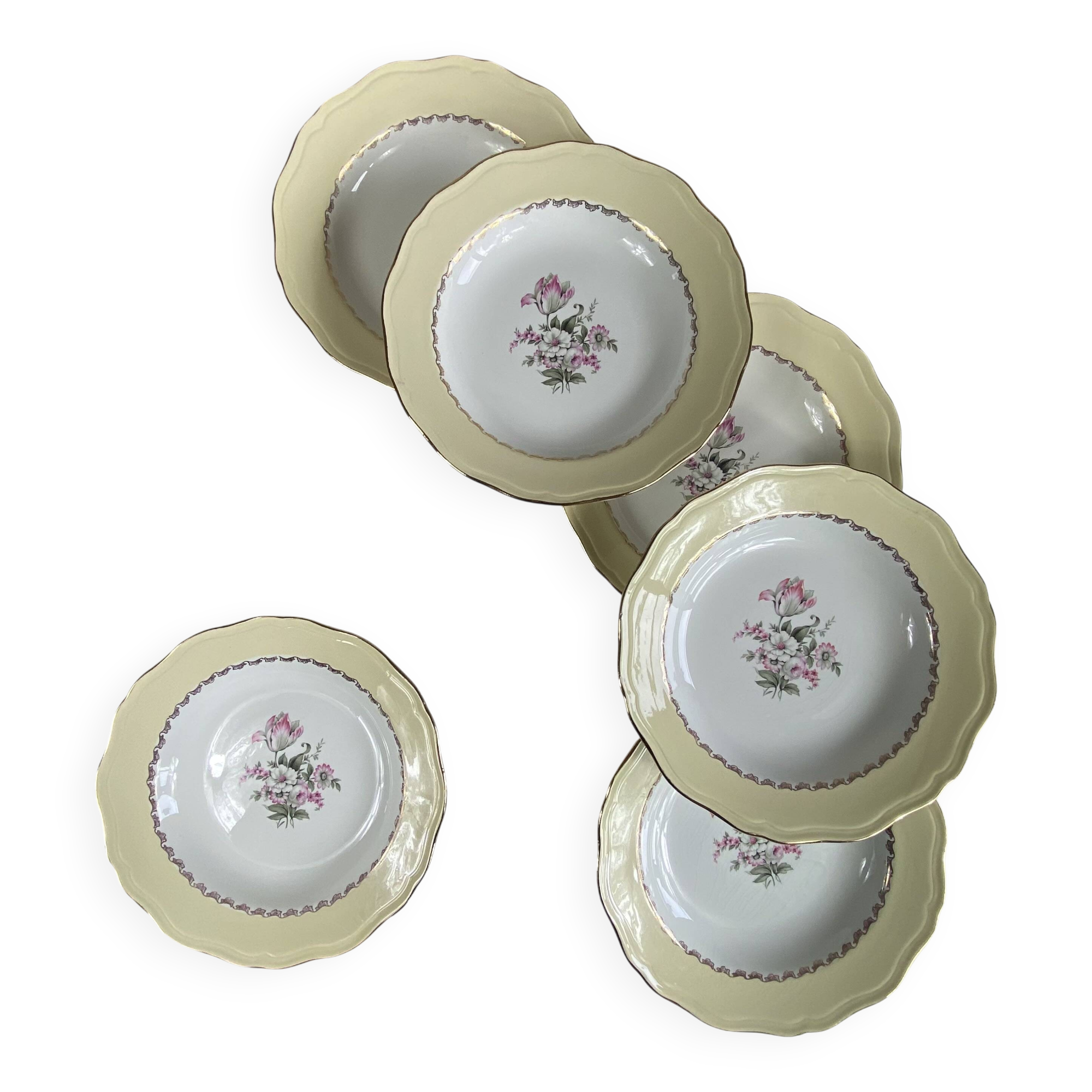 6 antique cream earthenware deep plates with gilded flowers Amandinoise